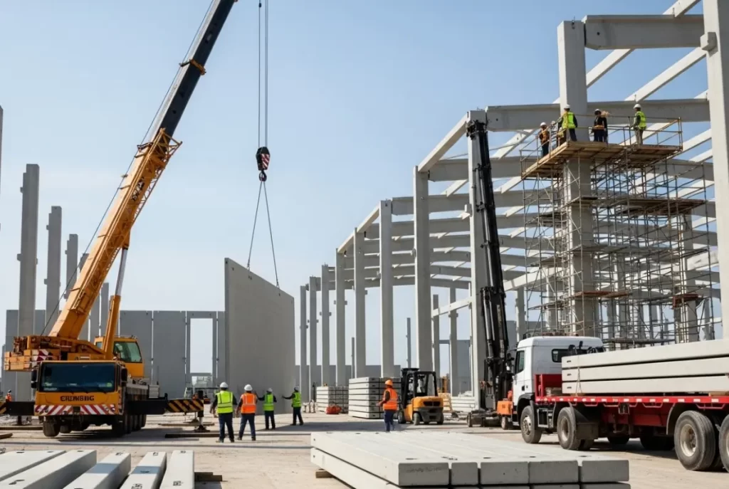 solução completa em pré-moldados aplicada na montagem de estrutura industrial